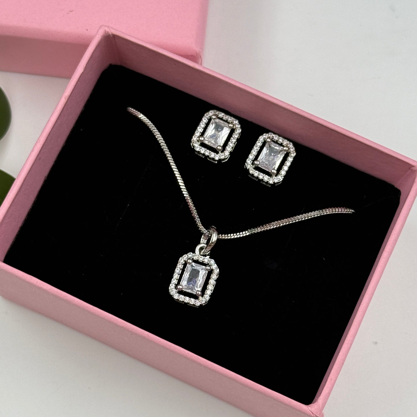 Rectangular Shape Pendant and Earrings Set - 18K Gold Plated Necklace Set