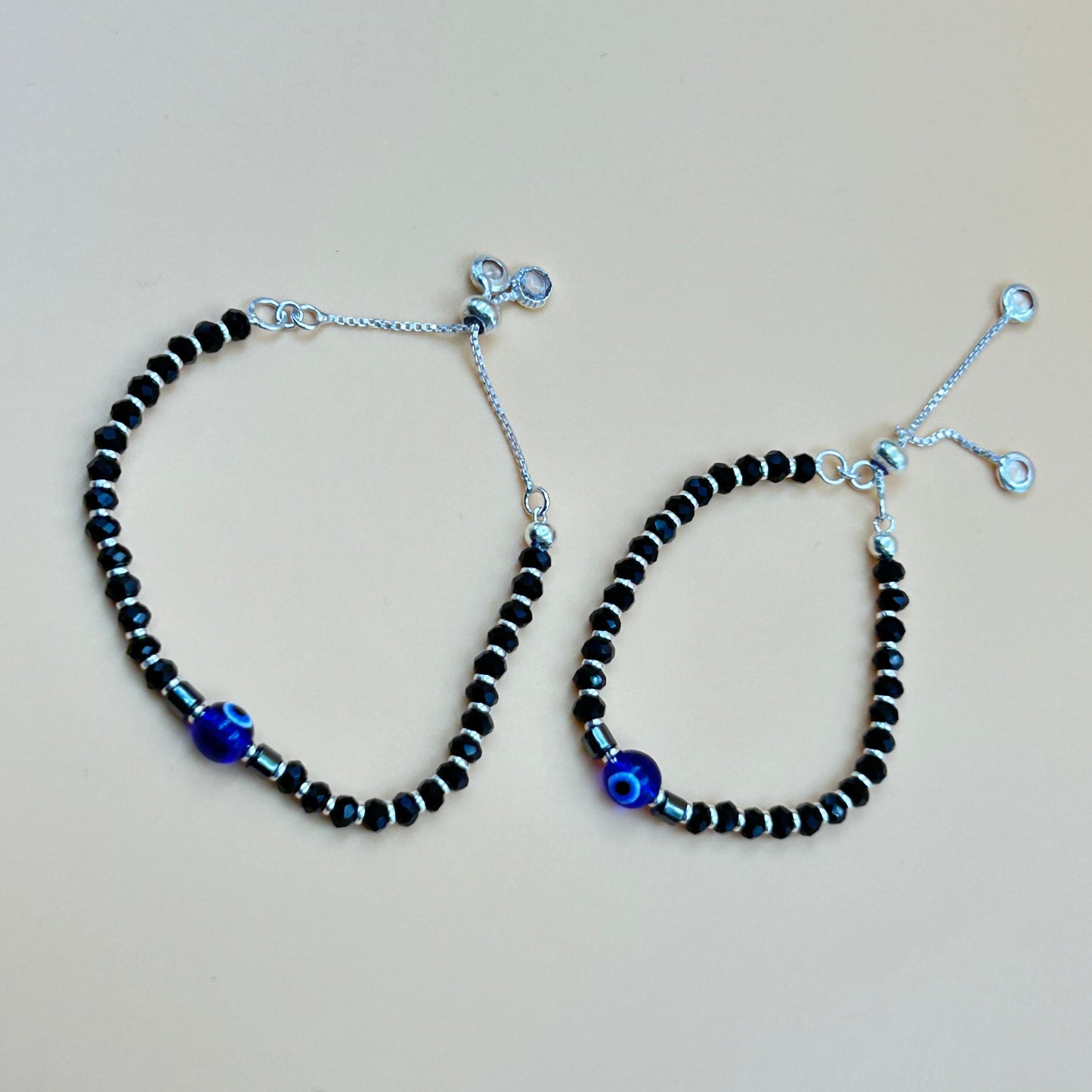 Silver Evil Eye Baby Bracelet - Adjustable Black Beaded Bracelet / Kada