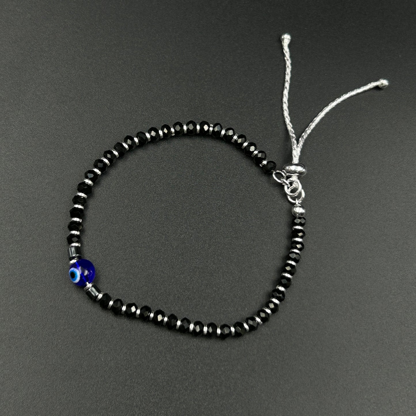 Silver Evil Eye Bracelet - Silver Black Beads Nazariya Bracelet Adjustable