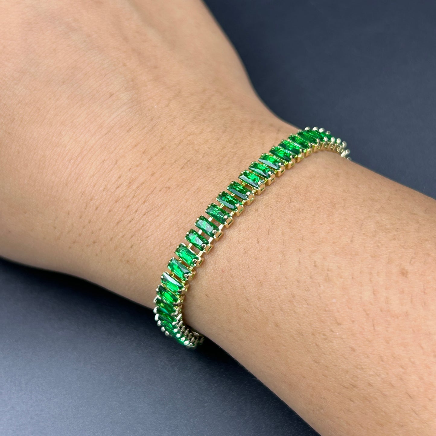 18k Gold Plated Green Baguette Cut Bracelet