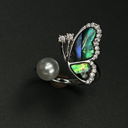 Pearl Butterfly Ring 18k White Gold Plated