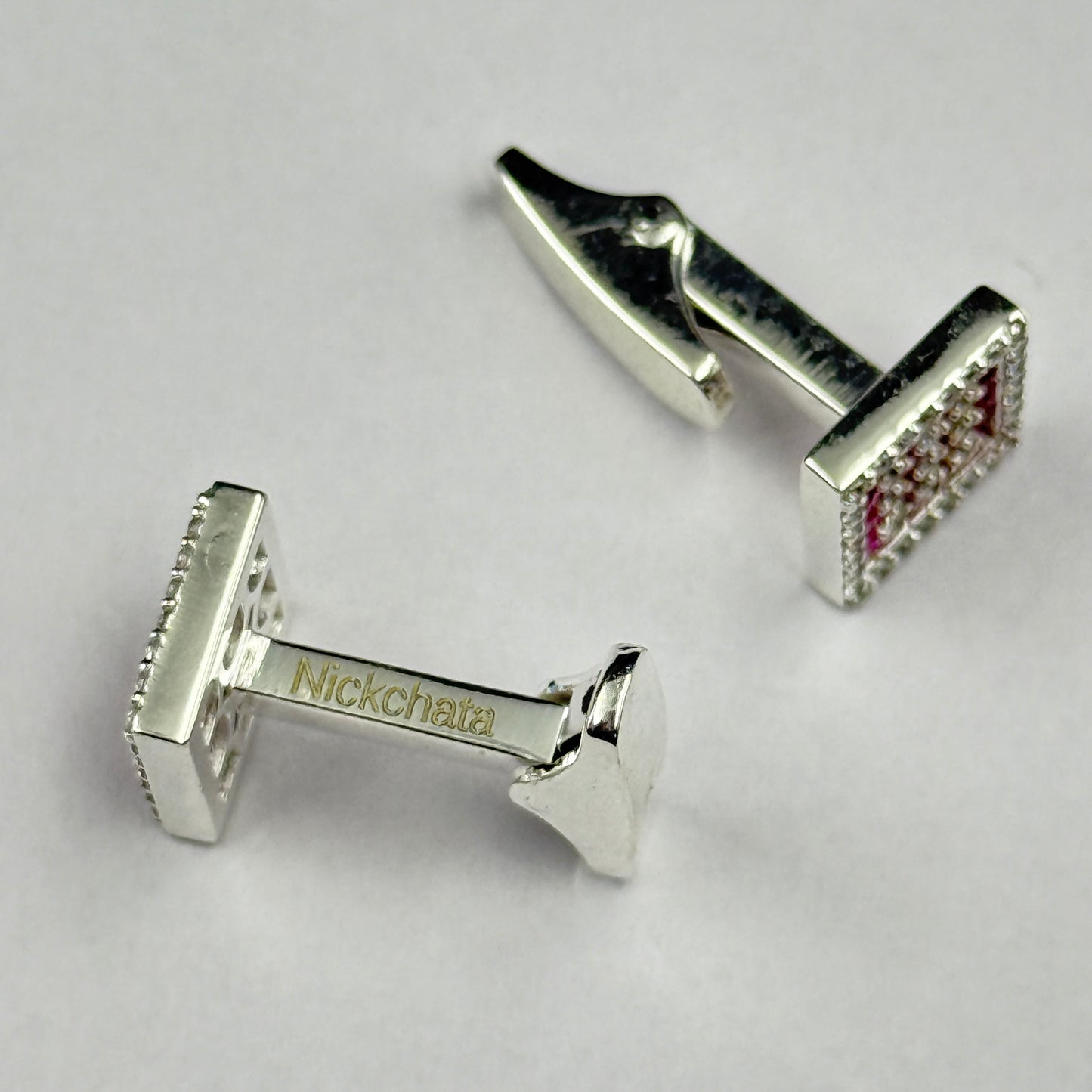 Pink Diamond Square Men's Cufflink - 925 Silver