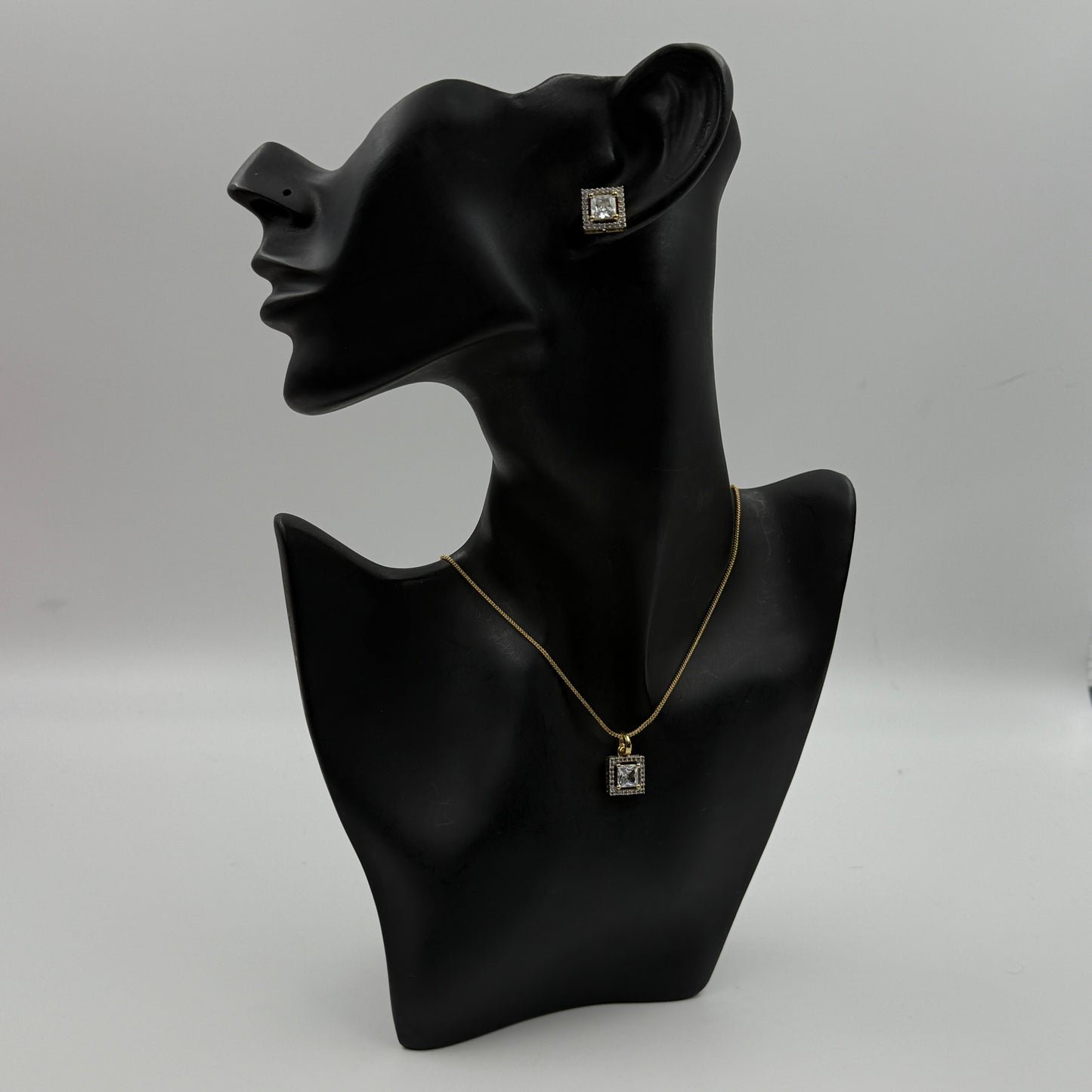Princess Cut Pendant Set with Earrings - 18K Gold Plated Square Pendant and Earrings