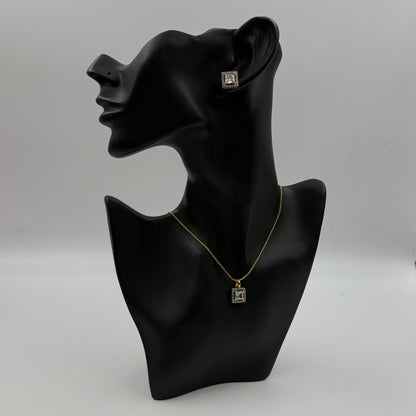 Princess Cut Pendant Set with Earrings - 18K Gold Plated Square Pendant and Earrings