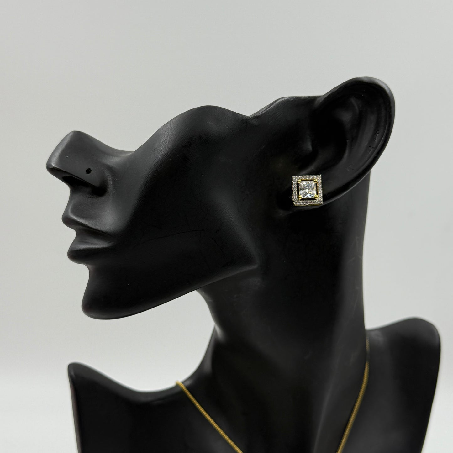 Princess Cut Pendant Set with Earrings - 18K Gold Plated Square Pendant and Earrings