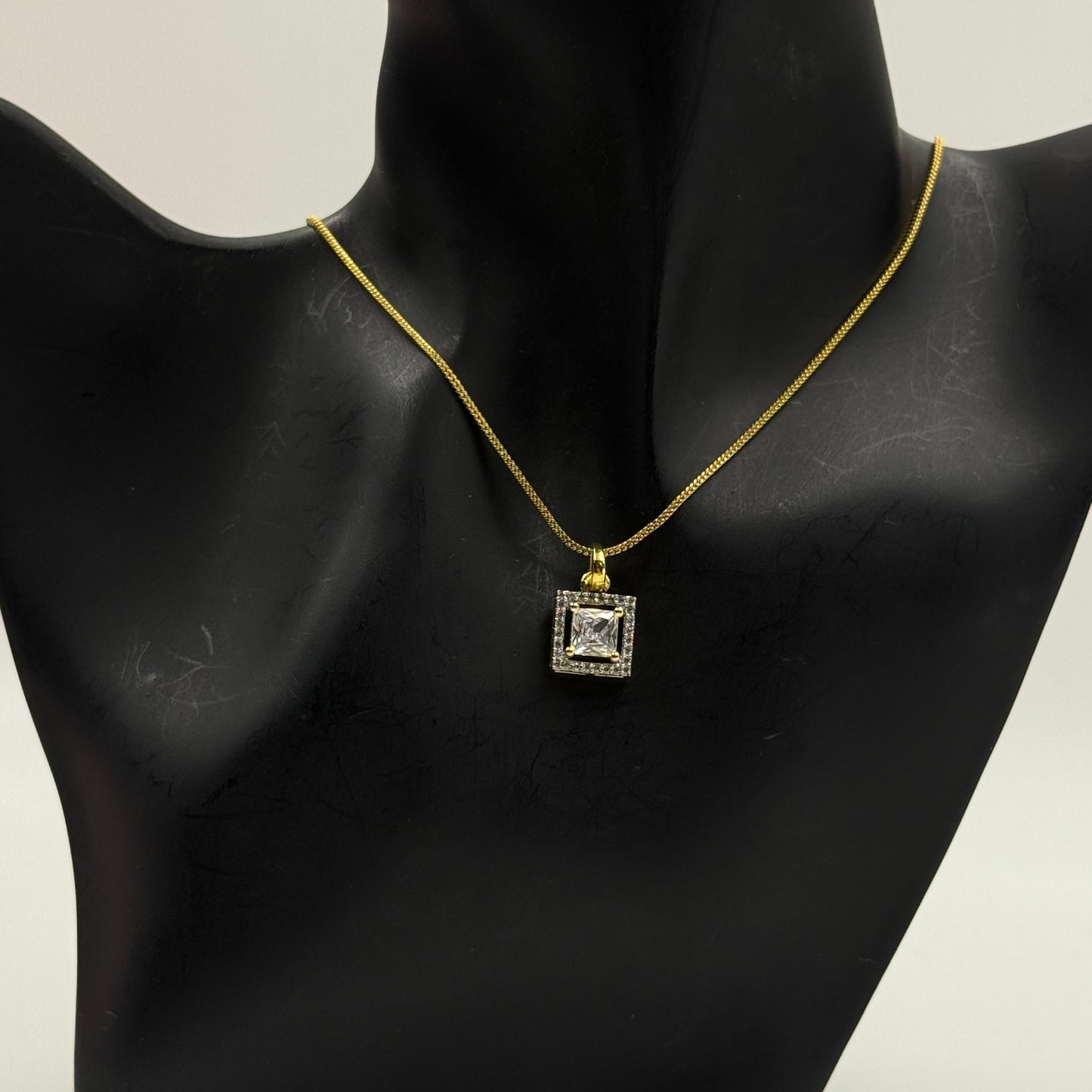 Princess Cut Pendant Set with Earrings - 18K Gold Plated Square Pendant and Earrings