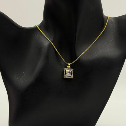 Princess Cut Pendant Set with Earrings - 18K Gold Plated Square Pendant and Earrings