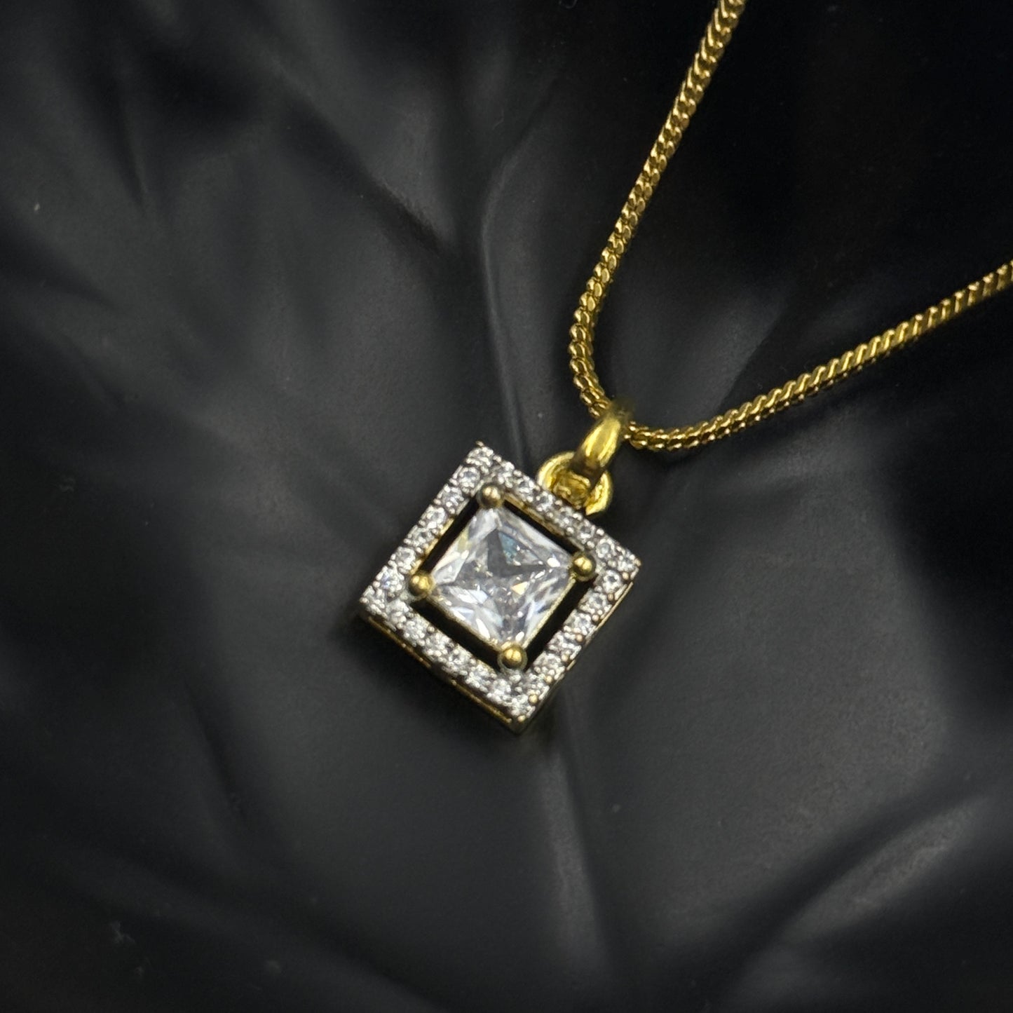 Princess Cut Pendant Set with Earrings - 18K Gold Plated Square Pendant and Earrings