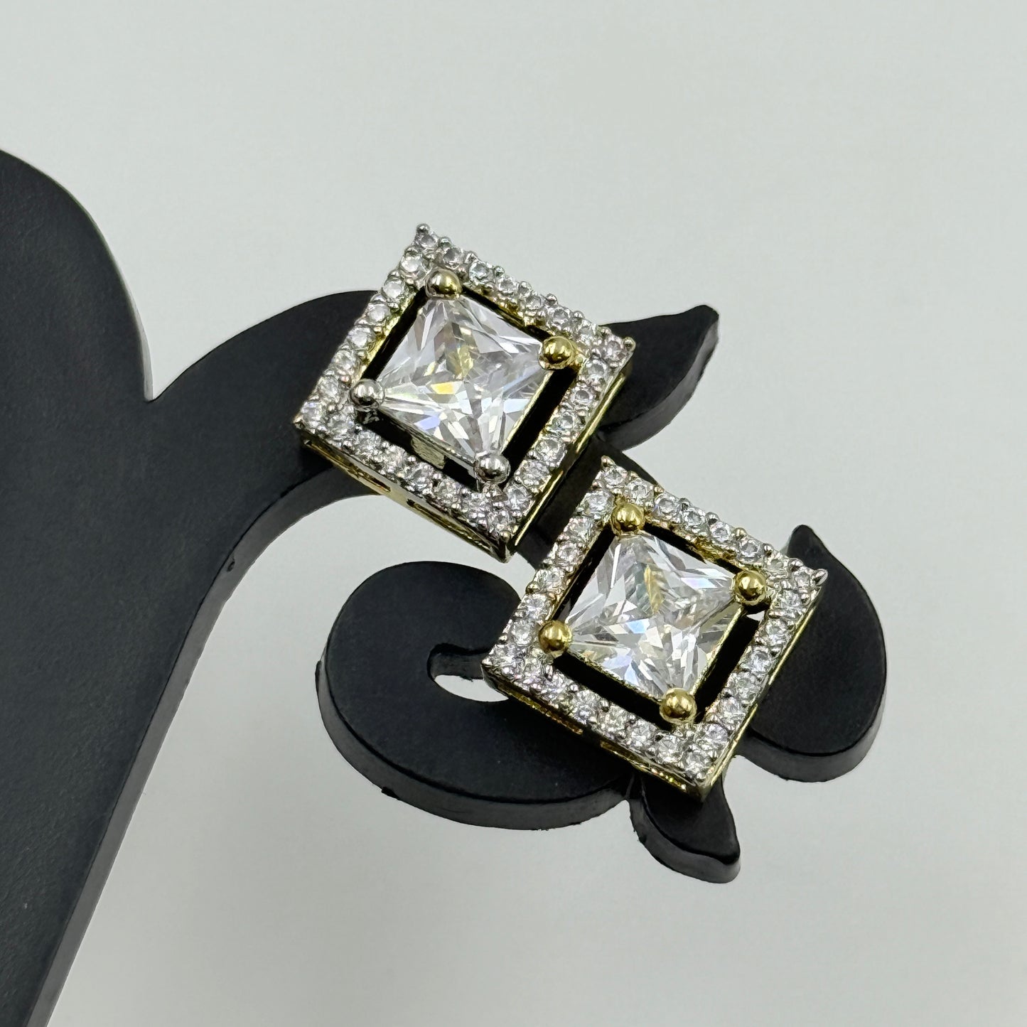 Princess Cut Pendant Set with Earrings - 18K Gold Plated Square Pendant and Earrings