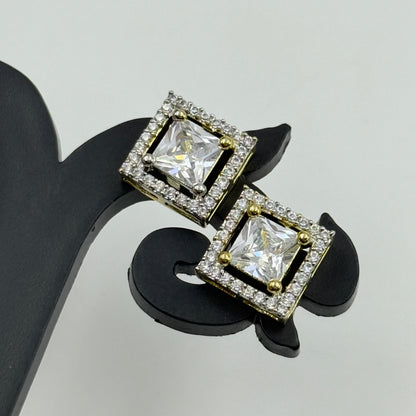 Princess Cut Pendant Set with Earrings - 18K Gold Plated Square Pendant and Earrings