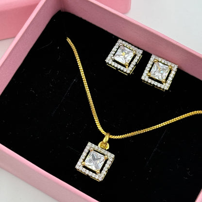 Princess Cut Pendant Set with Earrings - 18K Gold Plated Square Pendant and Earrings