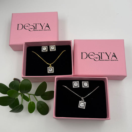 Princess Cut Pendant Set with Earrings - 18K Gold Plated Square Pendant and Earrings