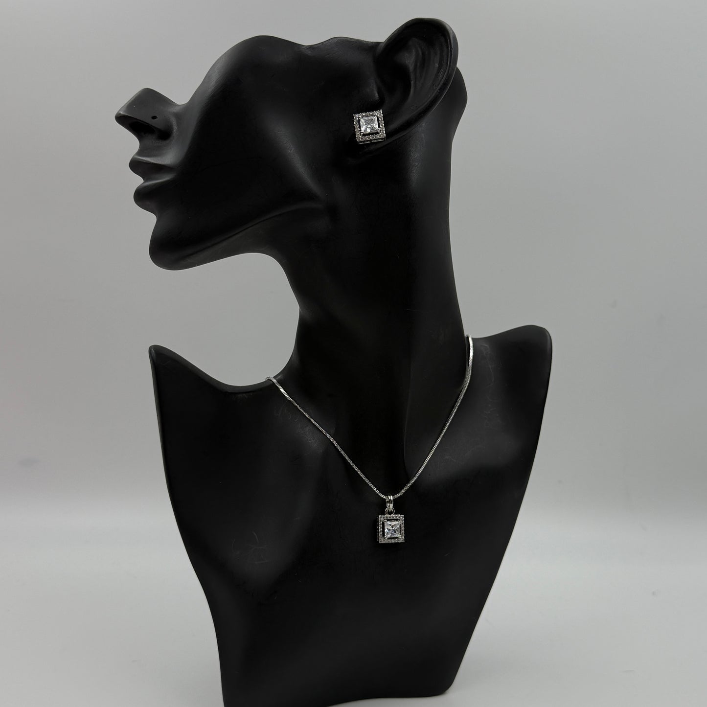 Princess Cut Pendant Set with Earrings - 18K Gold Plated Square Pendant and Earrings