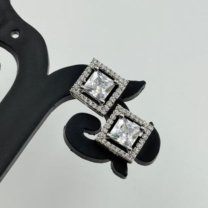 Princess Cut Pendant Set with Earrings - 18K Gold Plated Square Pendant and Earrings