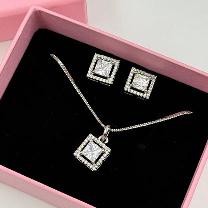 Princess Cut Pendant Set with Earrings - 18K Gold Plated Square Pendant and Earrings