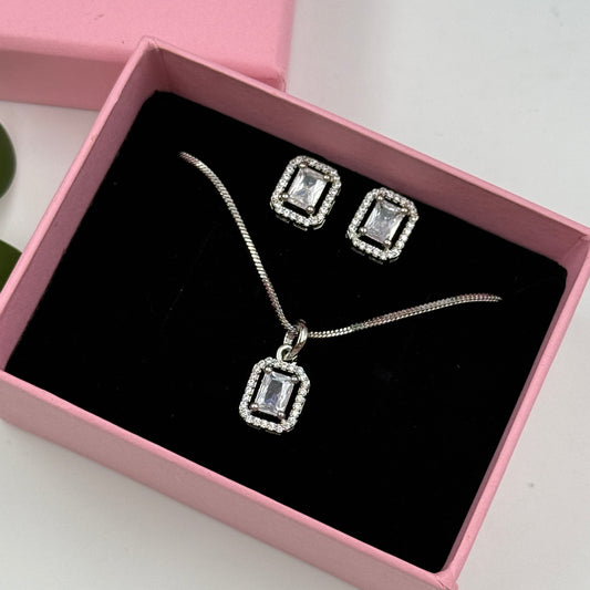 Rectangular Shape Pendant and Earrings Set - 18K Gold Plated Necklace Set