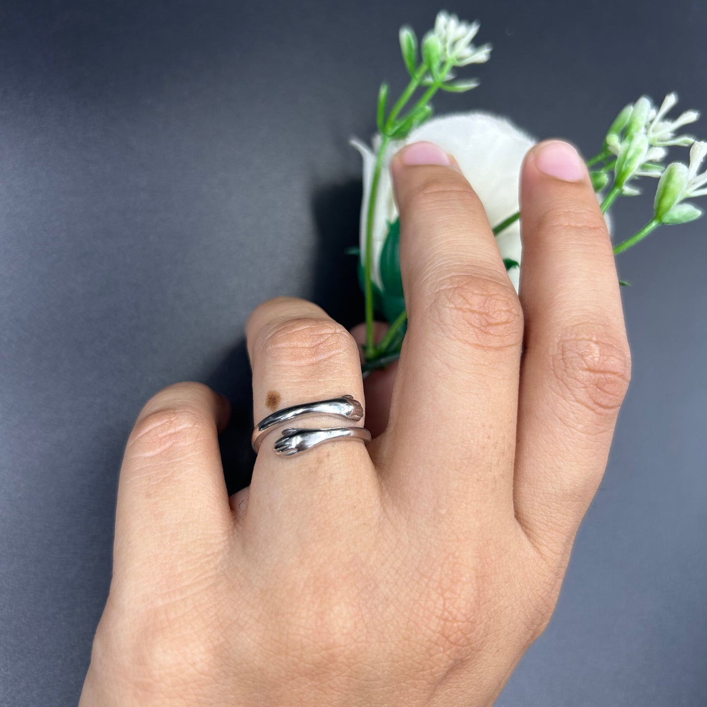 Pure Silver HUG ring with Engraving - Adjustable