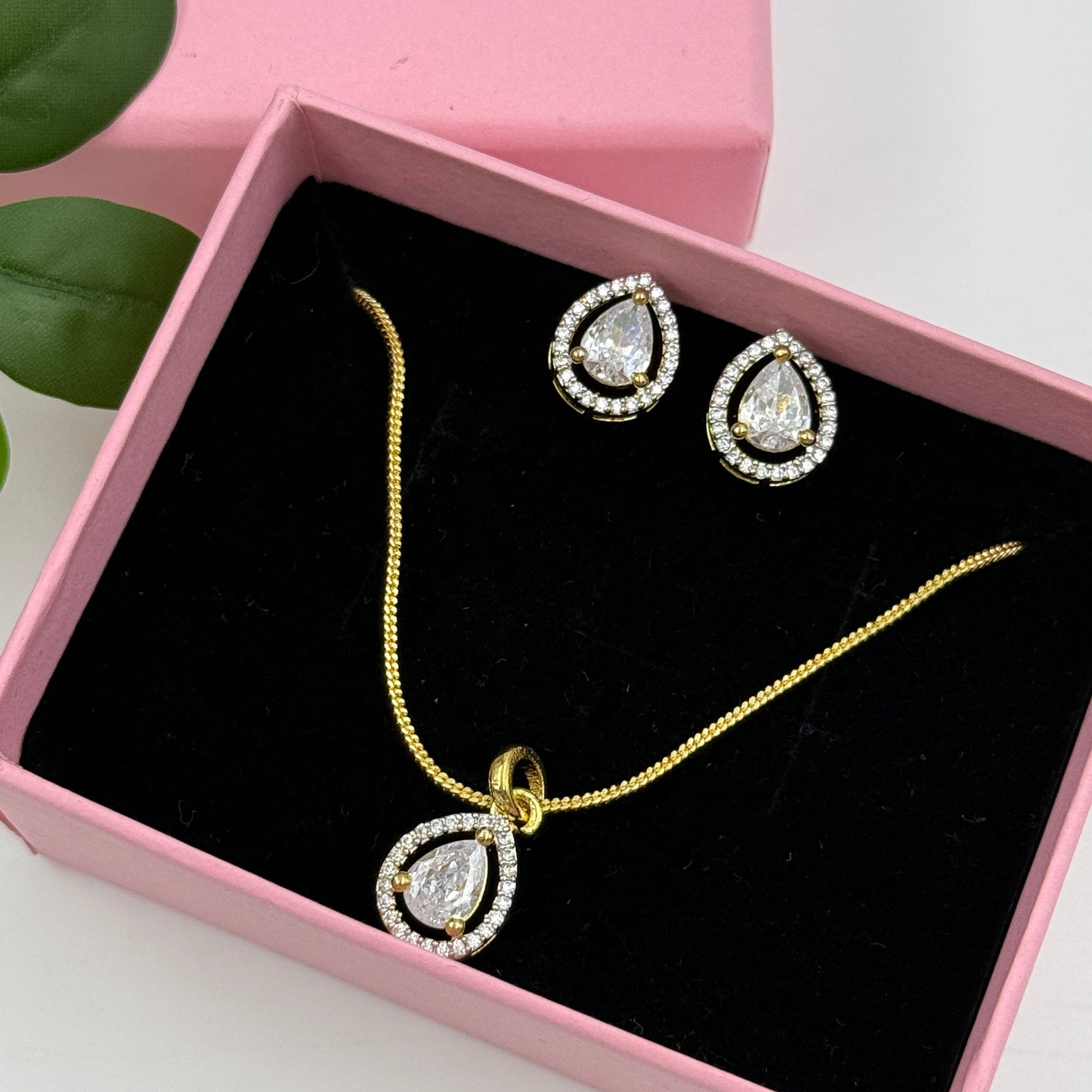 Pear Shape Small Pendant with Earrings Set - 18K Gold Plated Pendant Set