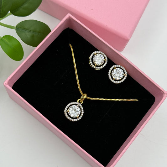 18k Gold Plated Solitaire Pendant with Earrings - Pendant Set