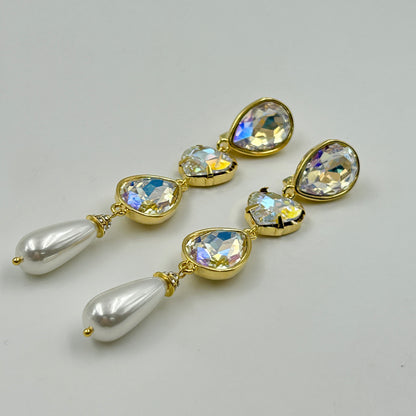 Pearl and Diamond Dangle Earrings 18k Gold Plated