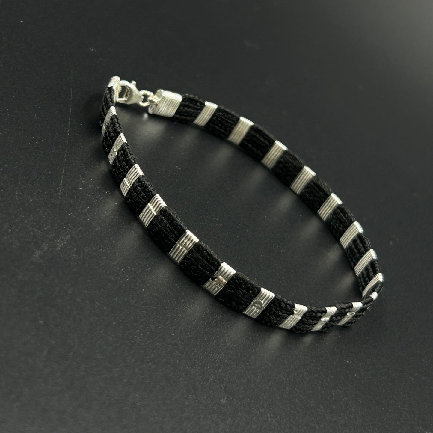 Pure Silver Black Thread Bracelet 8"