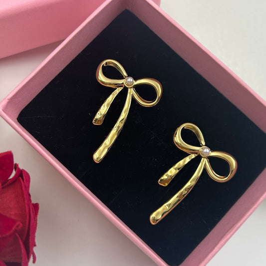 18K Gold Plated Pearl BOW Earrings Yellow Gold