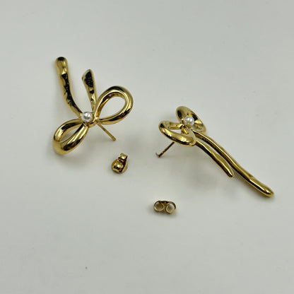 18K Gold Plated Pearl BOW Earrings Yellow Gold