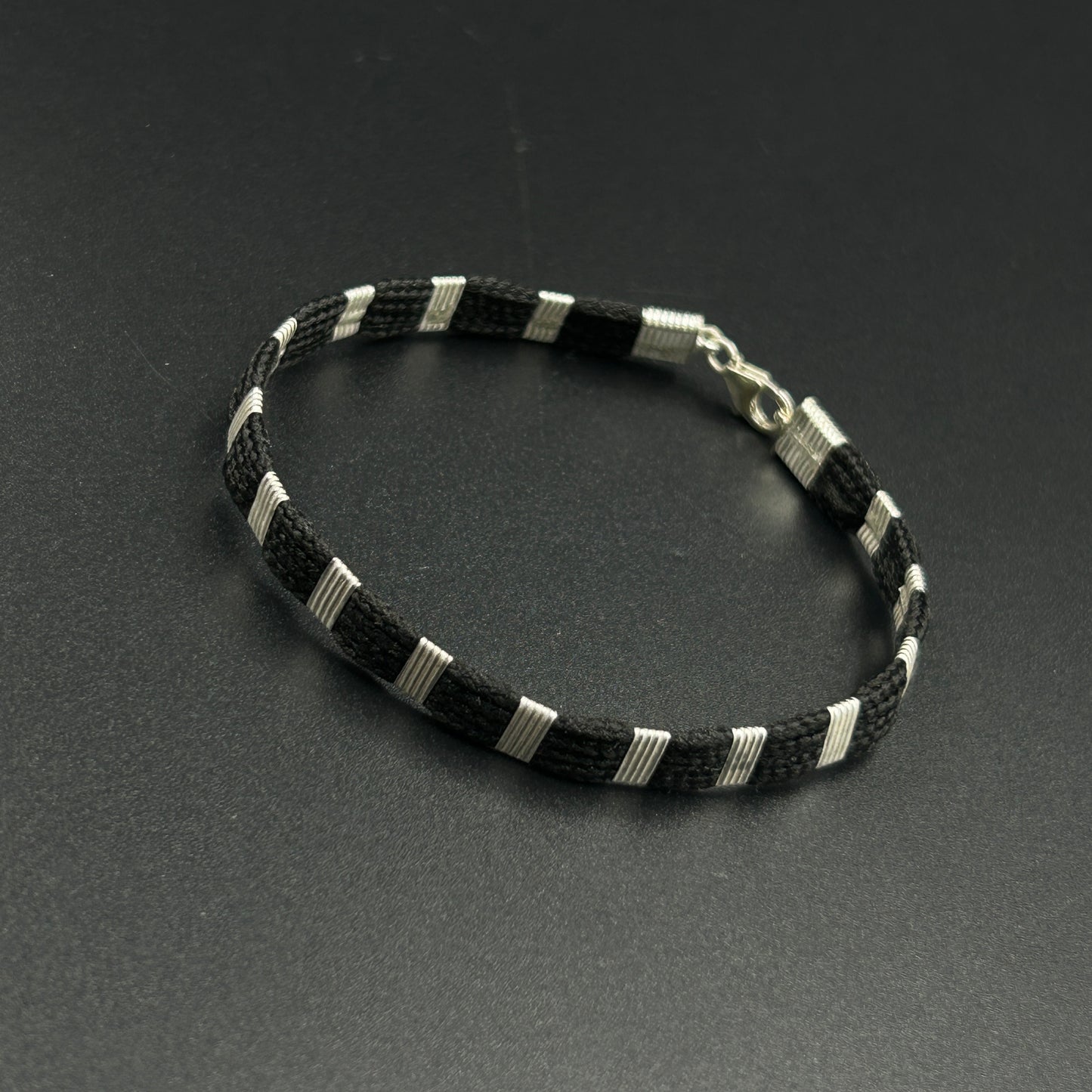 Pure Silver Black Thread Bracelet 8"