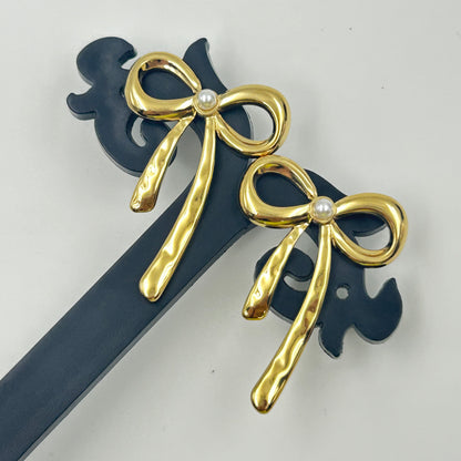 18K Gold Plated Pearl BOW Earrings Yellow Gold