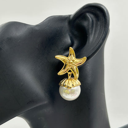 Pearl Earring Star Fish Earring 18k Yellow Gold Plated