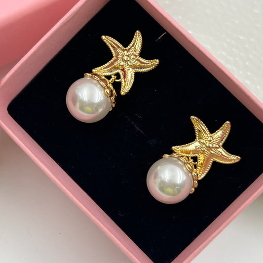 Pearl Earring Star Fish Earring 18k Yellow Gold Plated