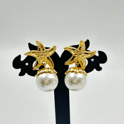 Pearl Earring Star Fish Earring 18k Yellow Gold Plated