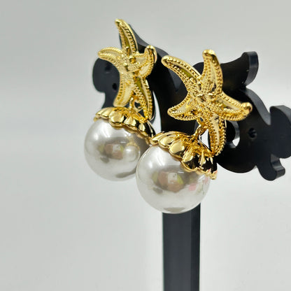 Pearl Earring Star Fish Earring 18k Yellow Gold Plated