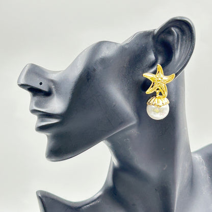Pearl Earring Star Fish Earring 18k Yellow Gold Plated