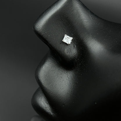 925 Silver Nose Pin Princess Cut - Pierced Nosepin