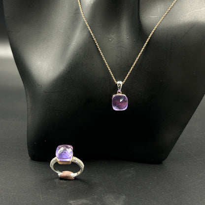 Amethyst Stone Necklace Set ( Necklace, Ring, Earrings ) - Sterling Silver