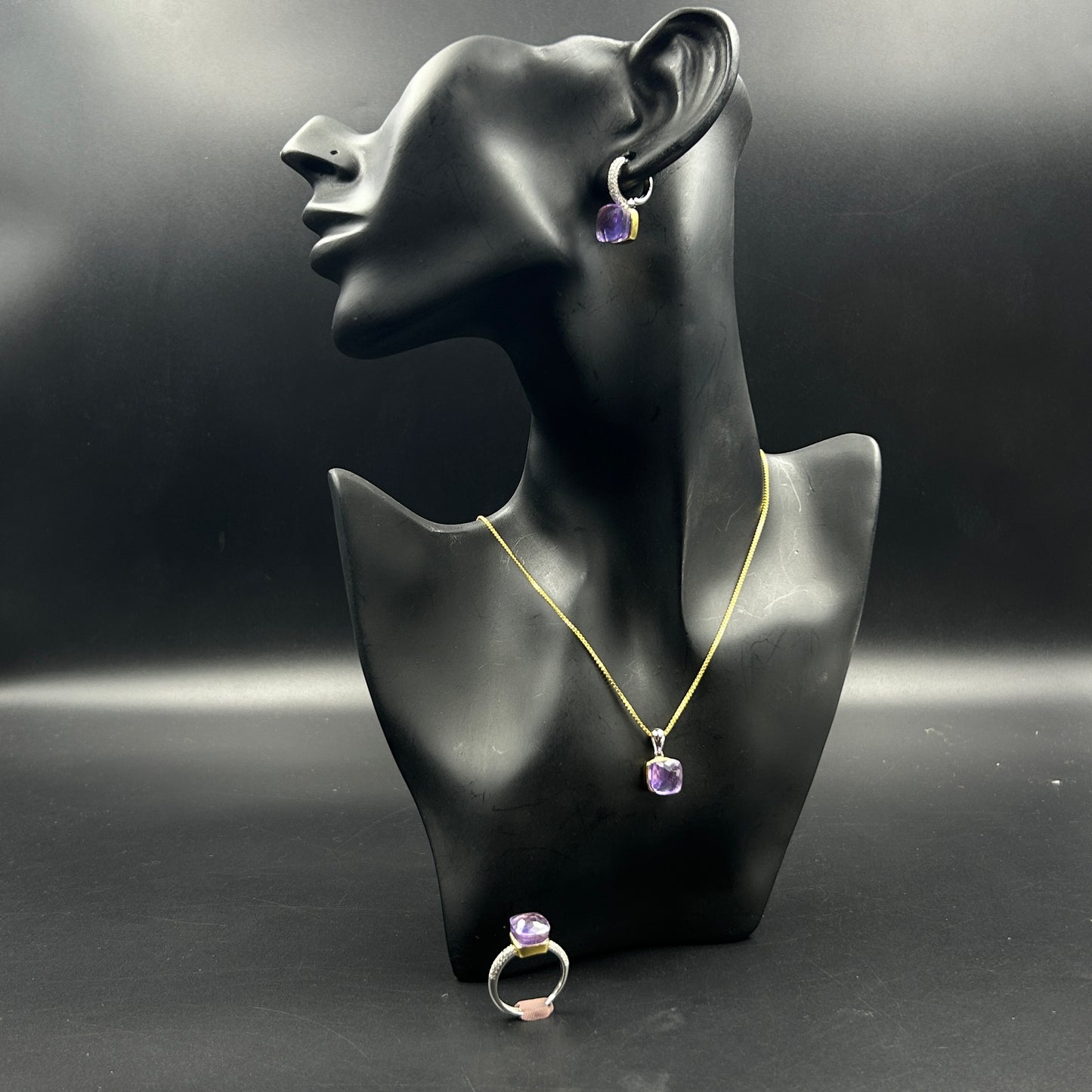 Amethyst Stone Necklace Set ( Necklace, Ring, Earrings ) - Sterling Silver