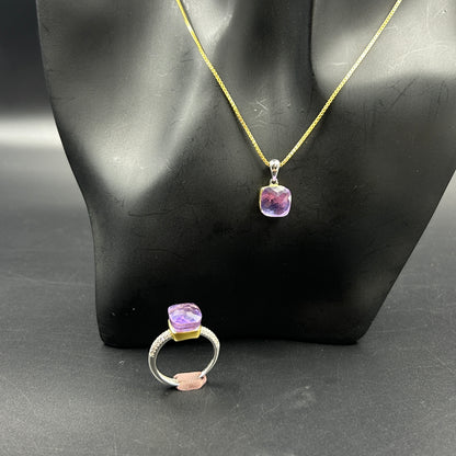 Amethyst Stone Necklace Set ( Necklace, Ring, Earrings ) - Sterling Silver