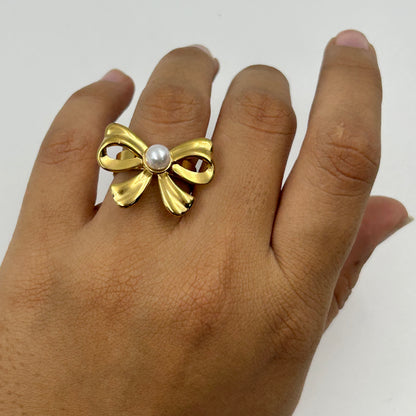Adjustable BOW Ring 18k Gold Plated Pearl Ring
