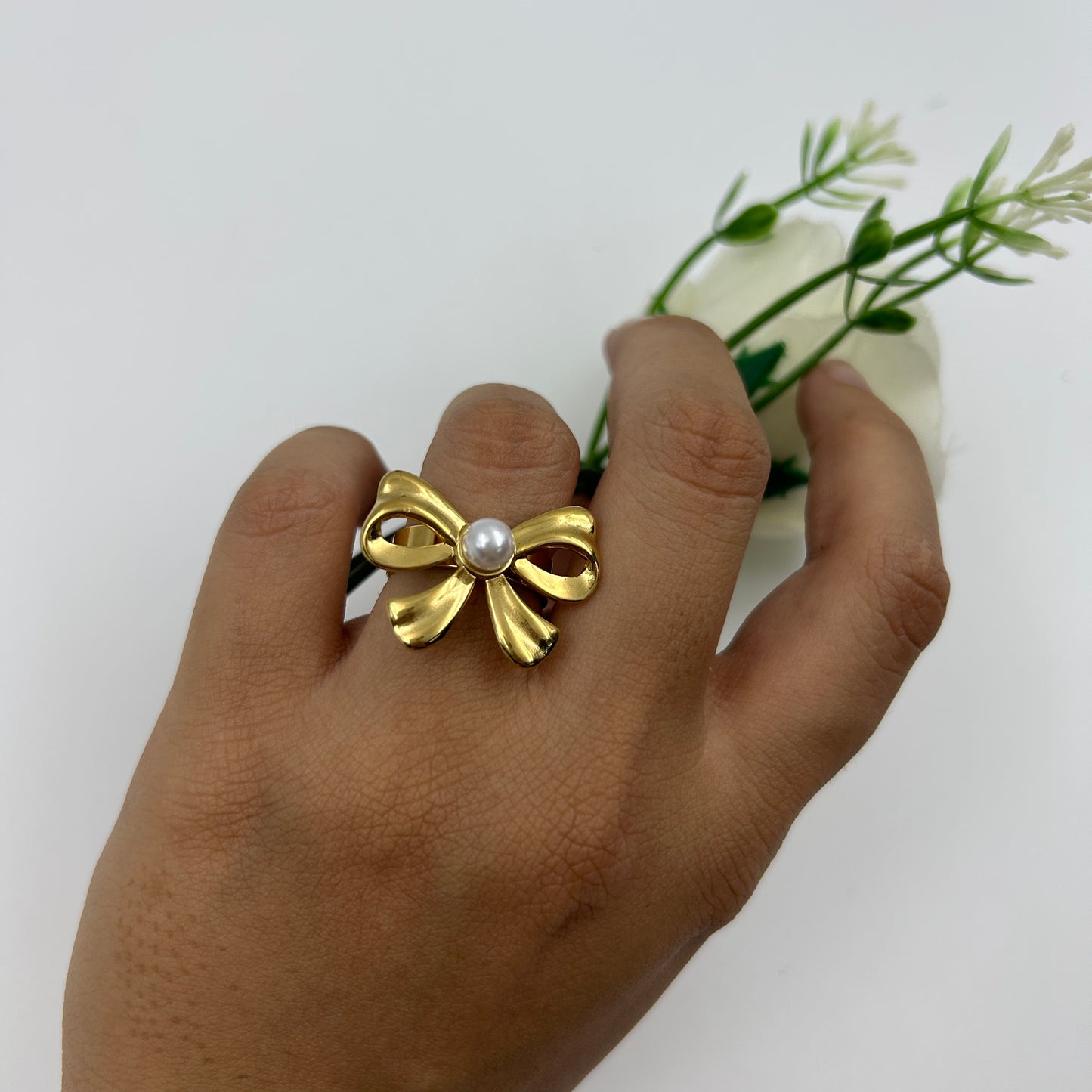 Adjustable BOW Ring 18k Gold Plated Pearl Ring