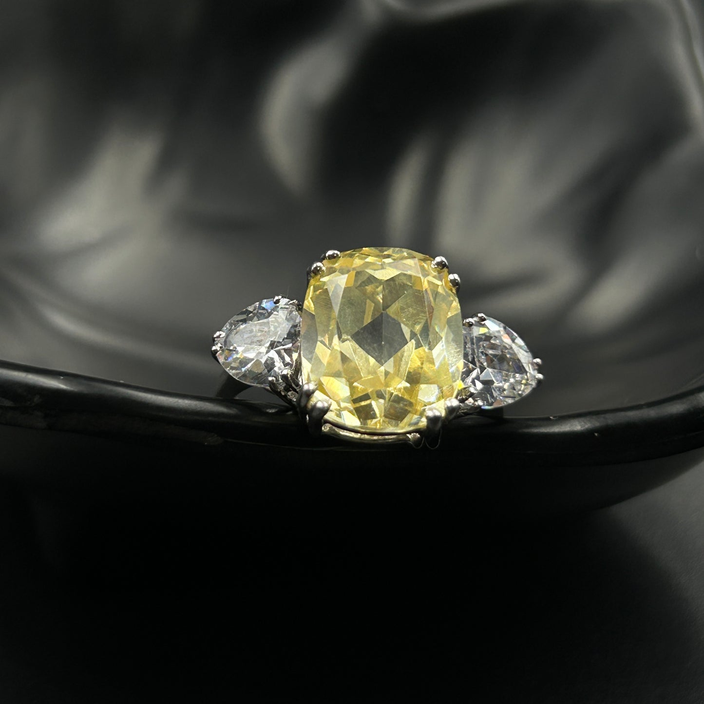 White Gold Silver Ring - Yellow Citrine Ring