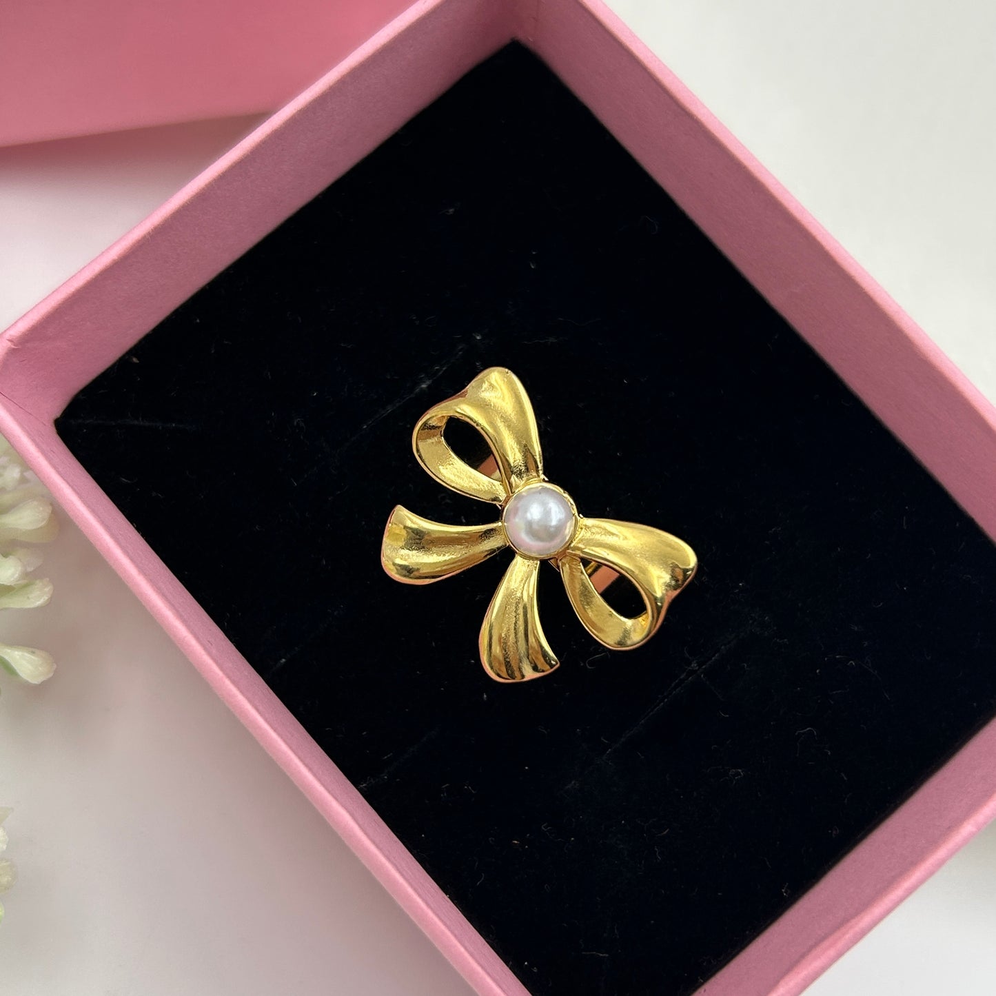 Adjustable BOW Ring 18k Gold Plated Pearl Ring