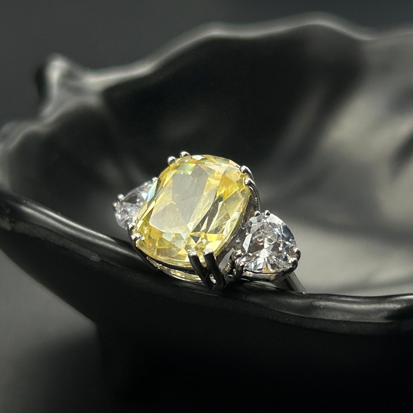 White Gold Silver Ring - Yellow Citrine Ring