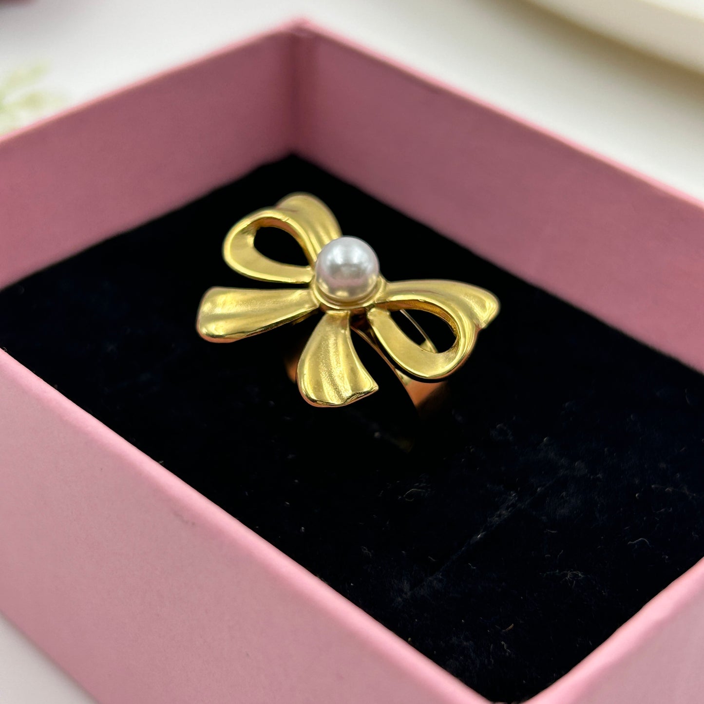 Adjustable BOW Ring 18k Gold Plated Pearl Ring