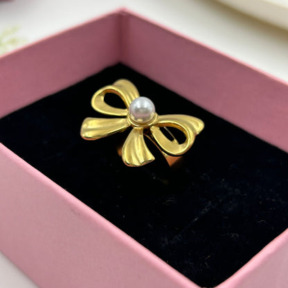 Adjustable BOW Ring 18k Gold Plated Pearl Ring