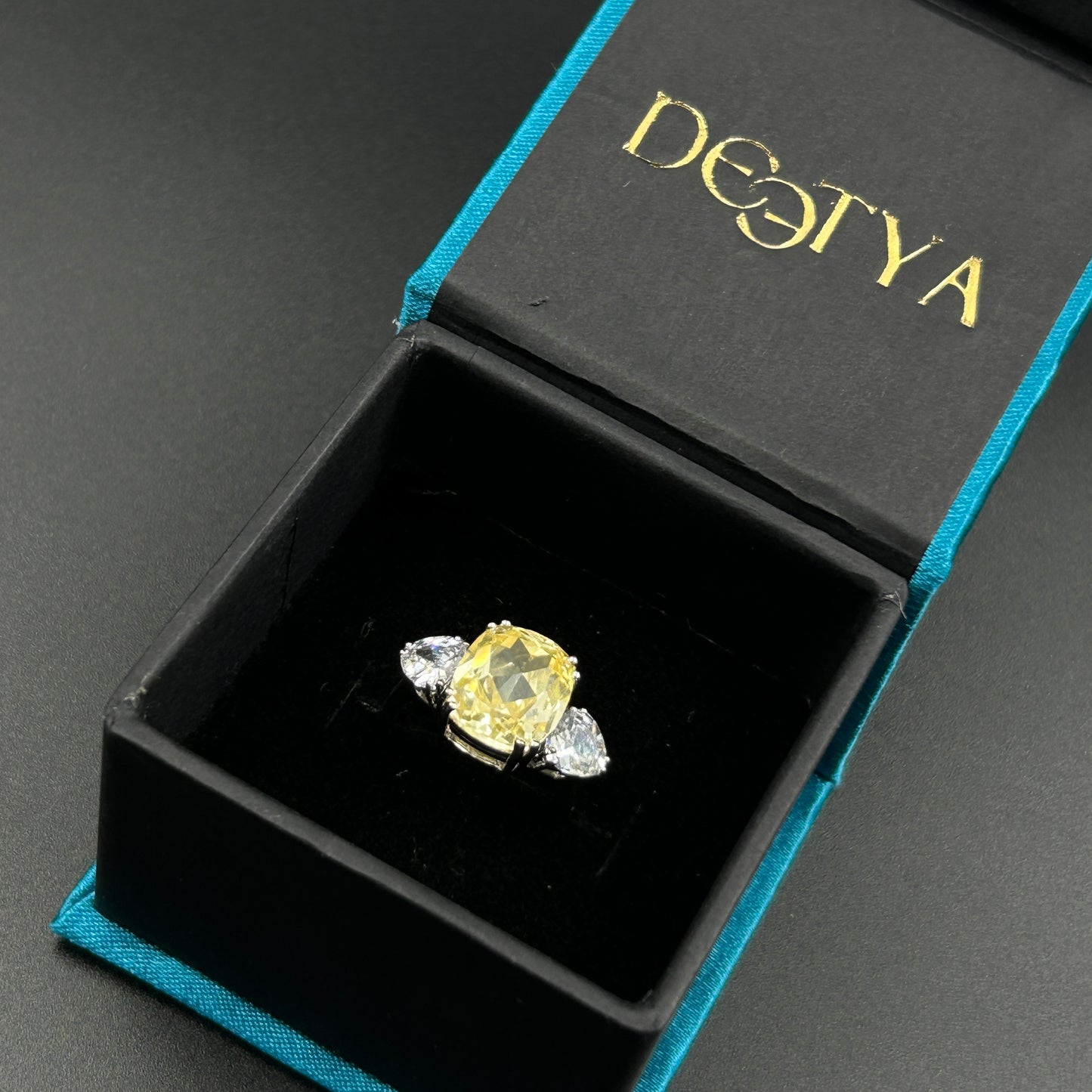 White Gold Silver Ring - Yellow Citrine Ring