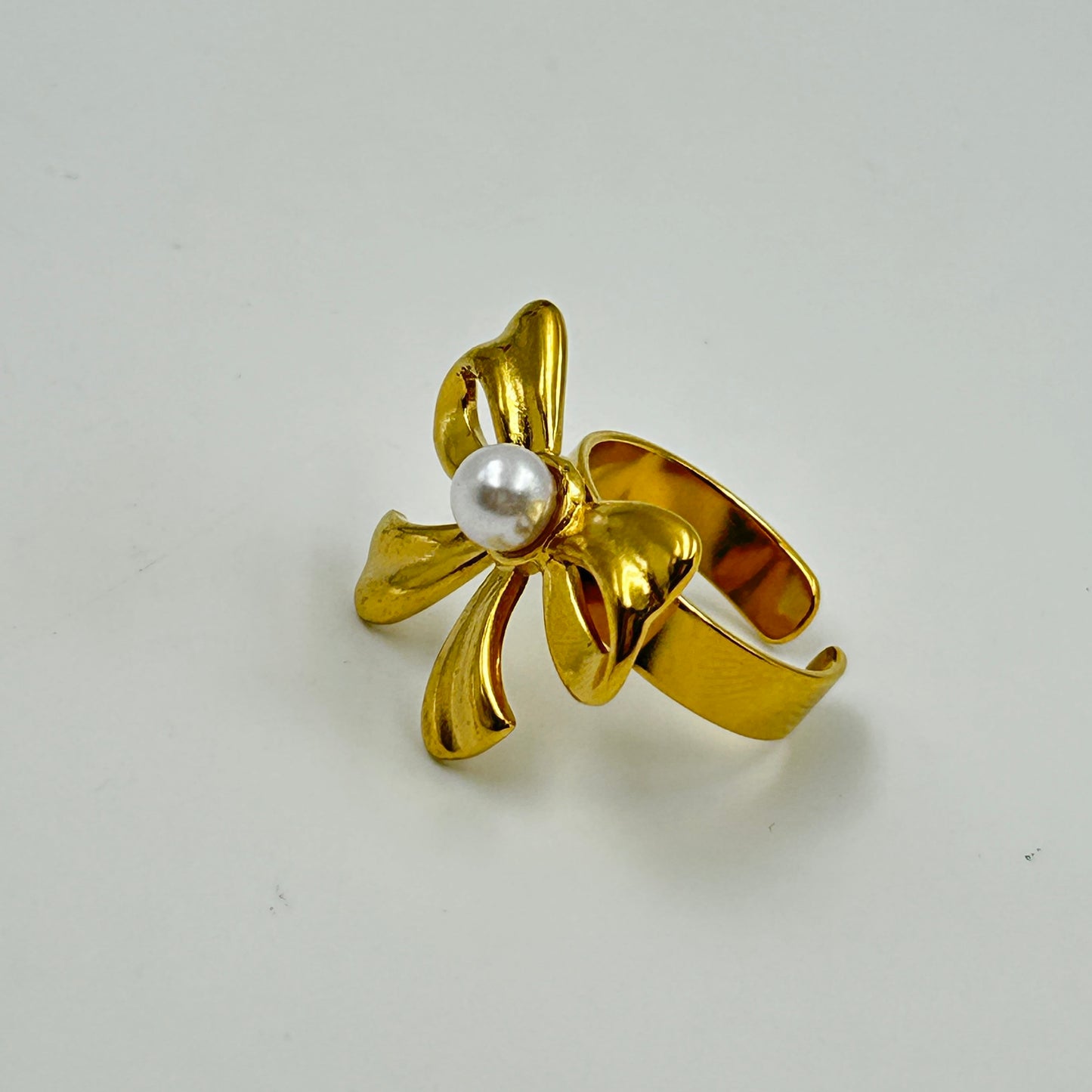 Adjustable BOW Ring 18k Gold Plated Pearl Ring