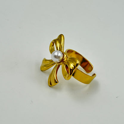 Adjustable BOW Ring 18k Gold Plated Pearl Ring