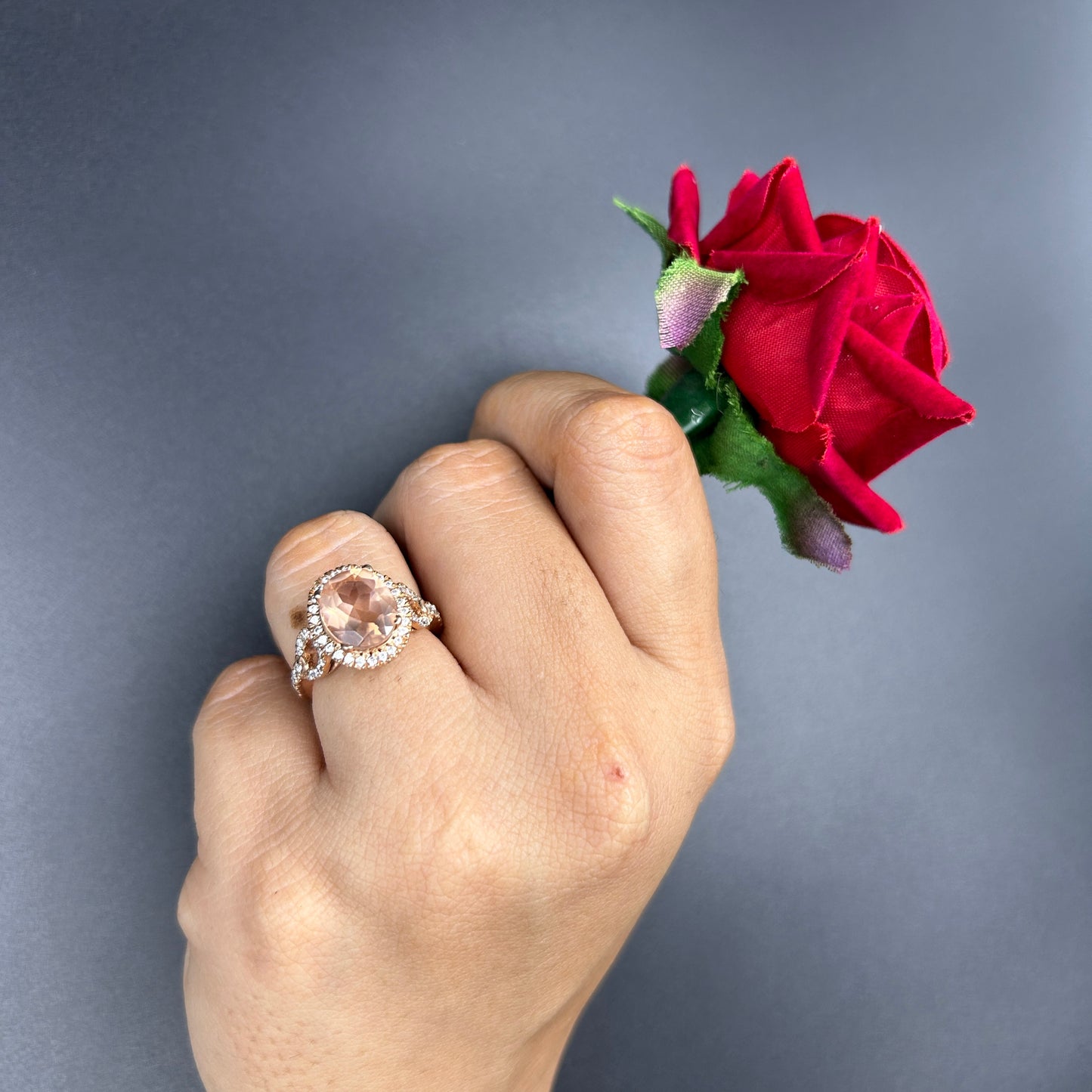 Silver Rose Gold Ring - Peach Morganite Ring