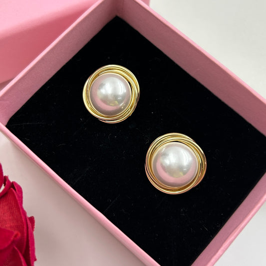 18k Yellow Gold Plated BIG White Pearl Earring